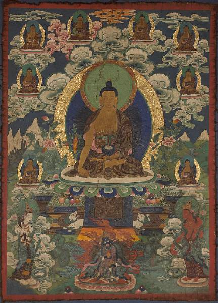 A Tibetan thangkha depicting Shakyamuni Buddha 19th Century Framed and