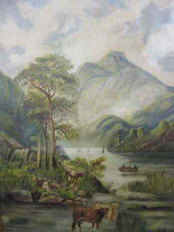 E Gaskell Oil European Countrysidewith cattle boaters upon the lake