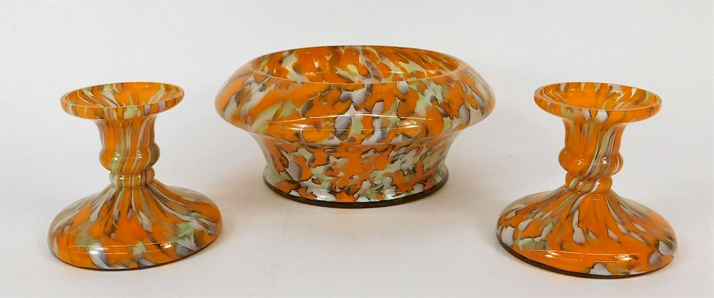 Welz Czech Spatter Glass Console Candlestick Set Bohemia 20th Century