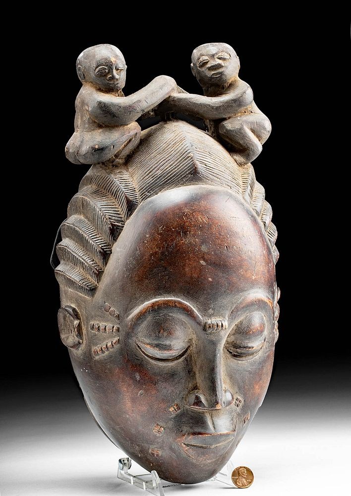 Early 20th C African Baule Wood Mask w Figures Western