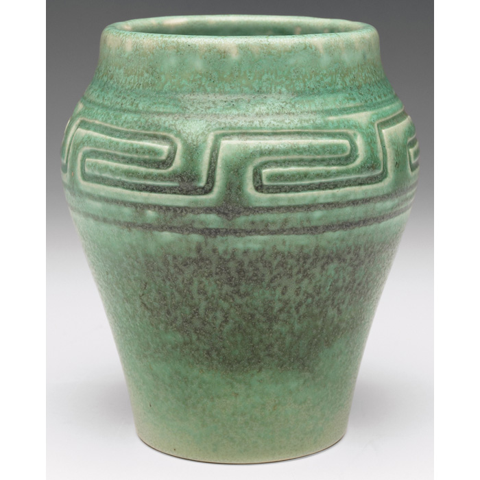 Rookwood vase Incised Mat geometric designs under a mottled green