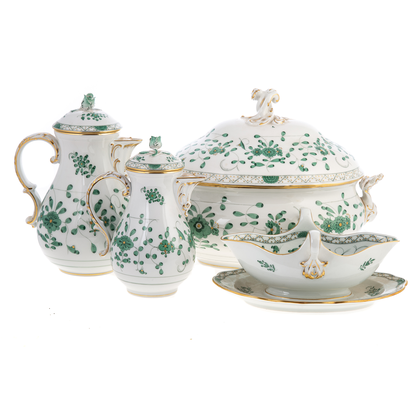 MEISSEN GREEN ORIENTAL FLOWER DINNER SERVICE Partial dinner service approximately