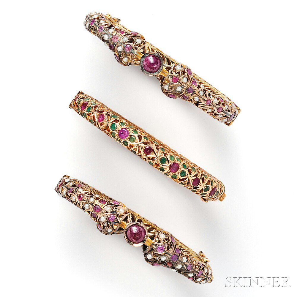 Three Gem set Bracelets India all hinged bangles a pair