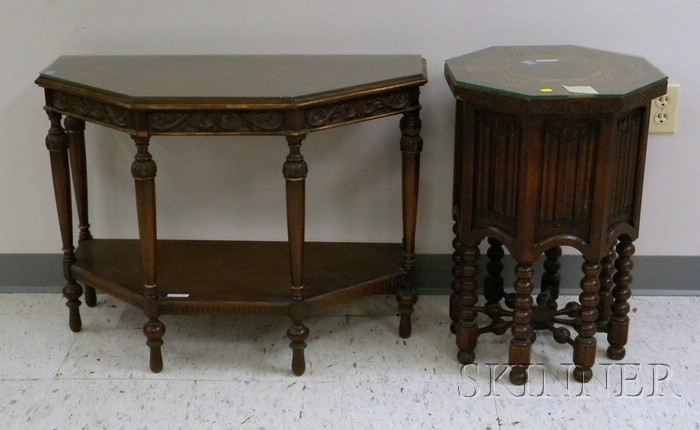 Jacobean style Caned Carved Oak Tabouret and a Parcel gilt