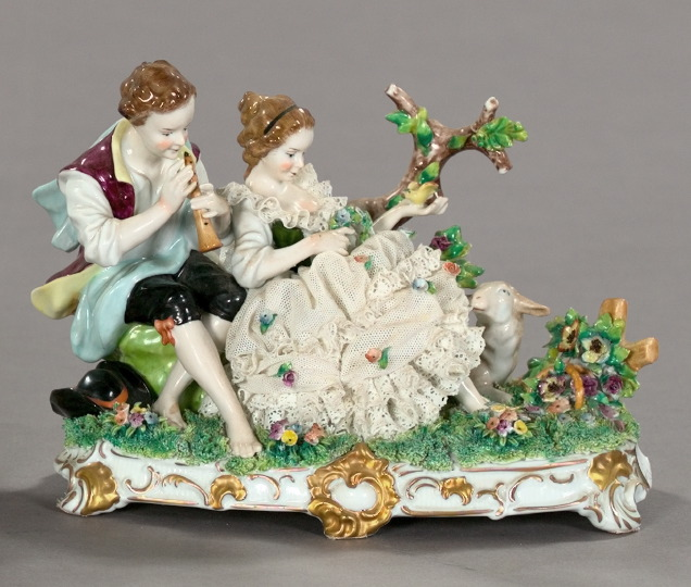 Elaborate Alexandra Porcelain Works Lace Group of a Galants Couple