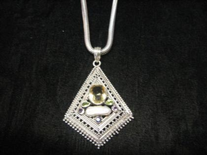Multi gem set sterling silver necklace Kite shaped sterling silver
