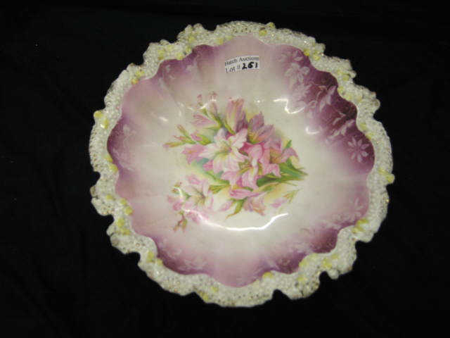 R S Prussia Porcelain Footed Bowl floral stippled scalloped edge