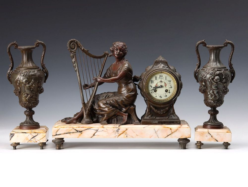 A 19TH C FRENCH GARNITURE W CLOCK SIGNED A D