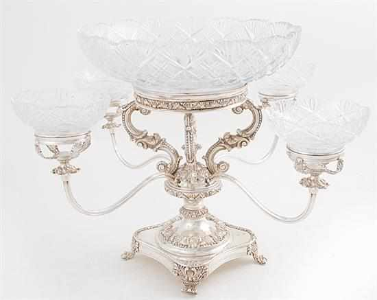 English cut crystal and silverplate epergne early 20th century round