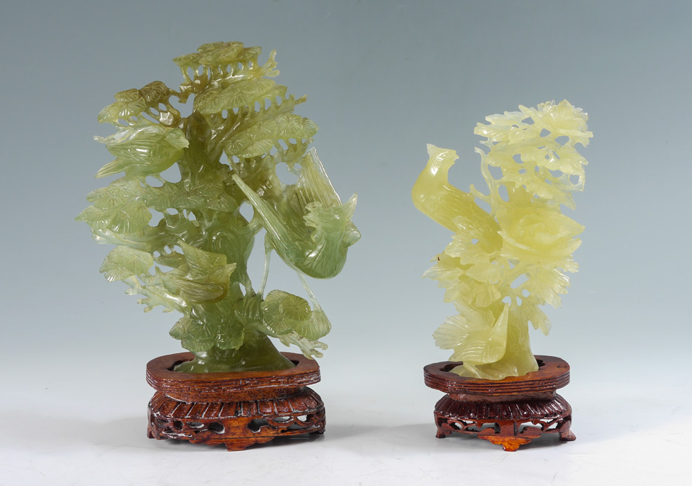 2 CHINESE CARVED SERPENTINE FIGURAL BIRDS 2 pieces total carved