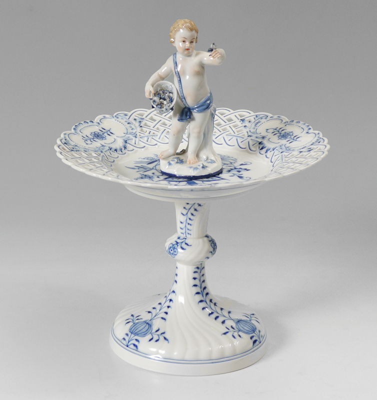 MEISSEN BLUE ONION FIGURAL PUTTI COMPOTE Figural putti holding basket