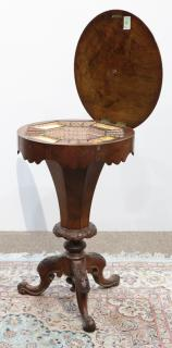 Victorian burl walnut sewing table having a round hinged top