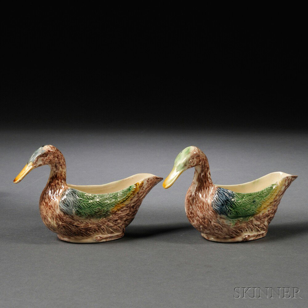 Pair of Staffordshire Cream colored Earthenware Duck form Sauceboats England