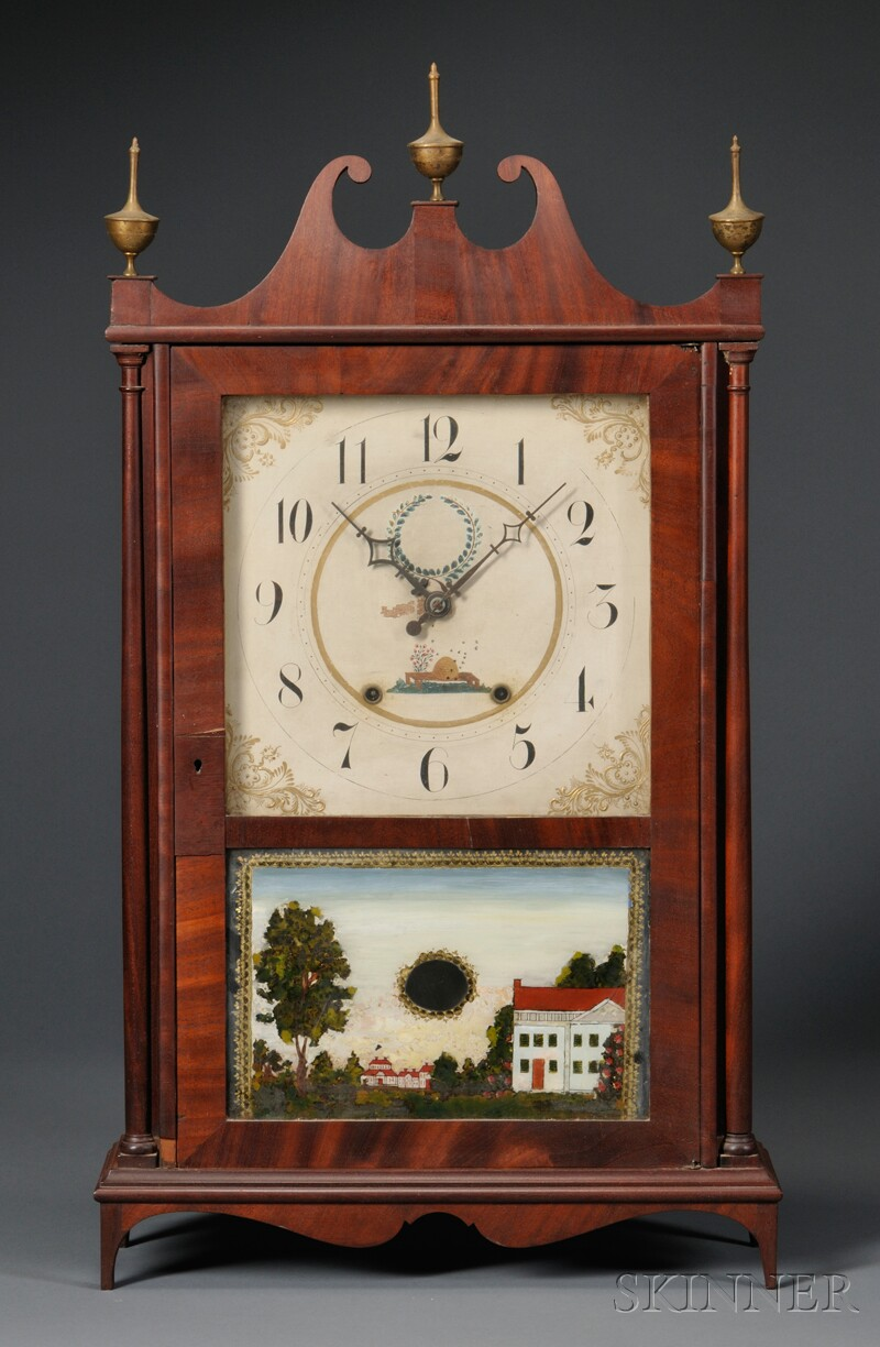 Mahogany Veneer Pillar and Scroll Shelf Clock Bishop Bradley Watertown