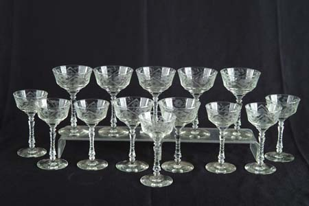 SET OF FOURTEEN CUT CRYSTAL WINE GLASSES Unsigned Two different