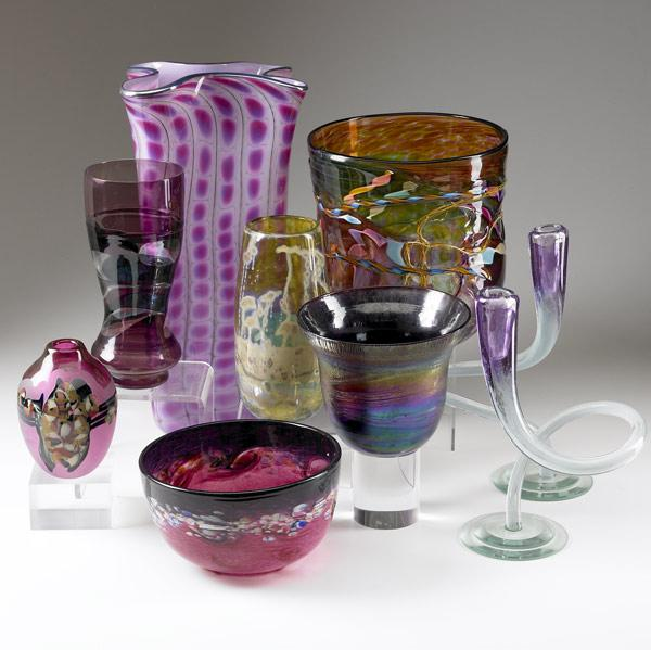 ART GLASS Group of nine art glass pieces three vases