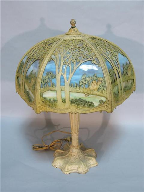 PAINTED METAL SLAG GLASS TABLE LAMP Circa 1920 s the