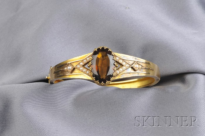 Antique 14kt Gold Citrine and Split Pearl Bracelet the hinged