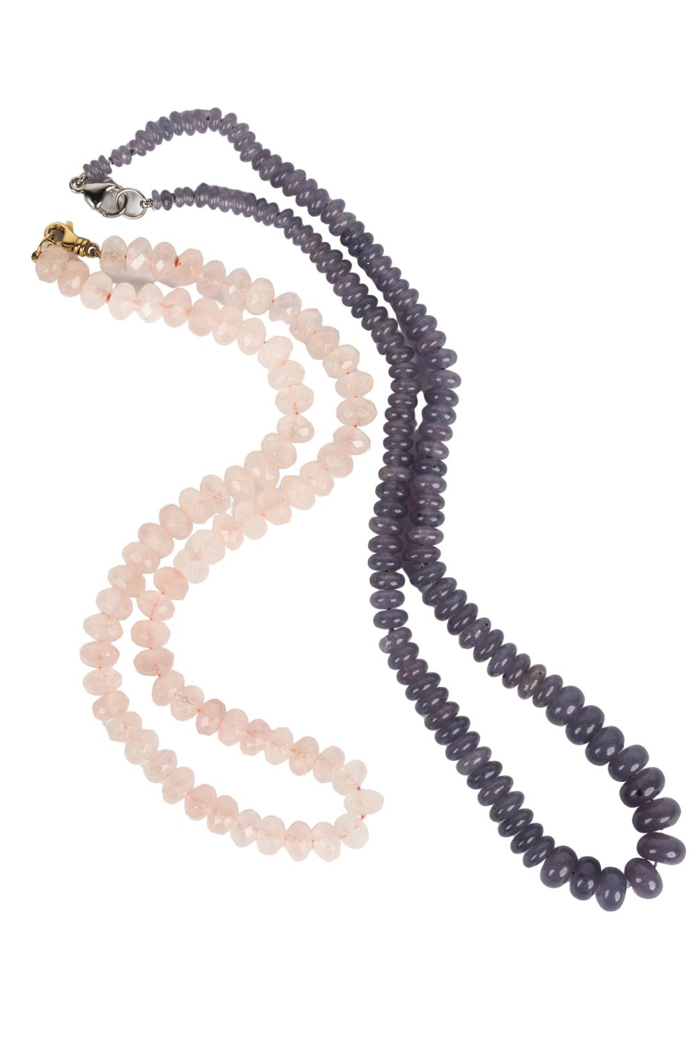 TWO 14 KARAT GOLD GEM SET BEADED NECKLACESthe 14 karat