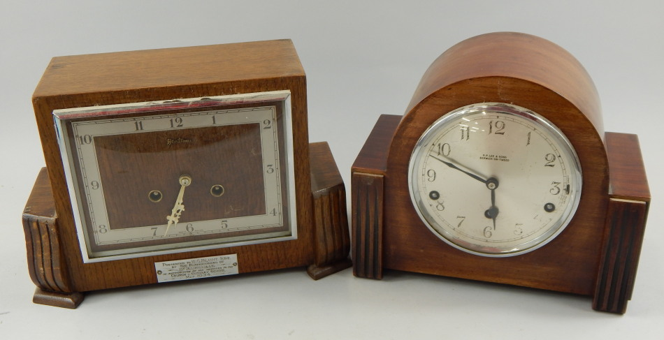 Two similar Art Deco style mantel clocks one with a