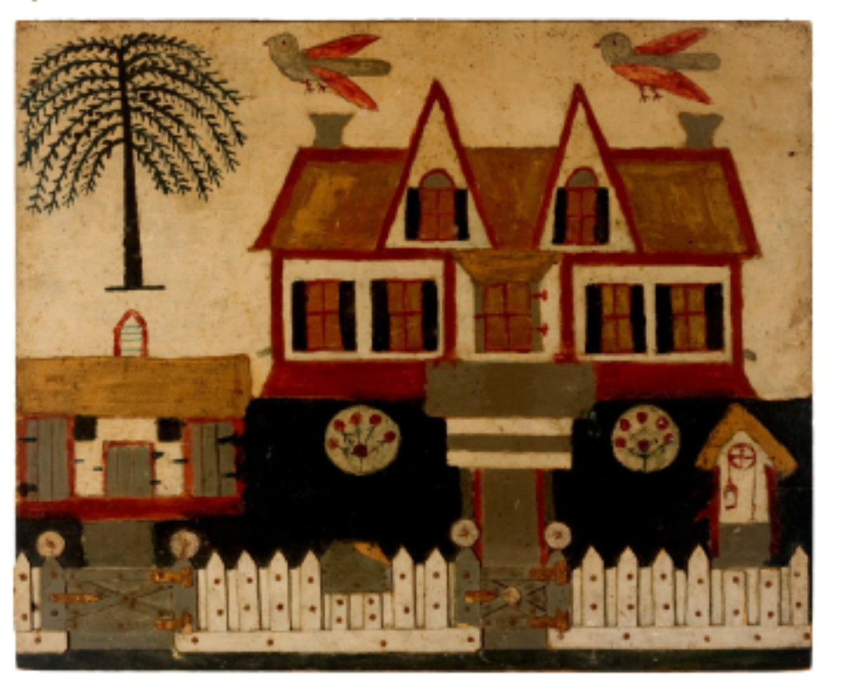 AMERICAN PAINTING OF A GOTHIC VICTORIAN HOUSE AND BARN WITH