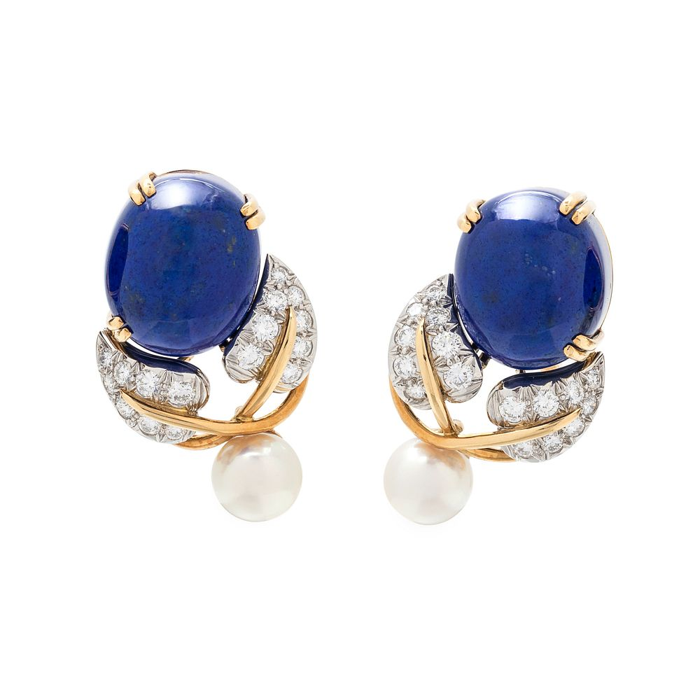 TIFFANY CO SCHLUMBERGER LAPIS LAZULI DIAMOND AND CULTURED PEARL EARCLIPS