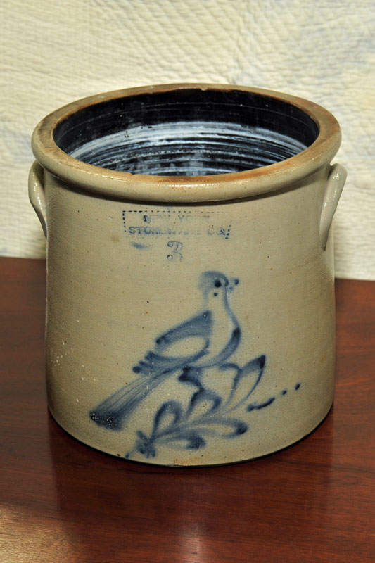 STONEWARE CROCK Cobalt decorated three gallon stoneware crock with bird