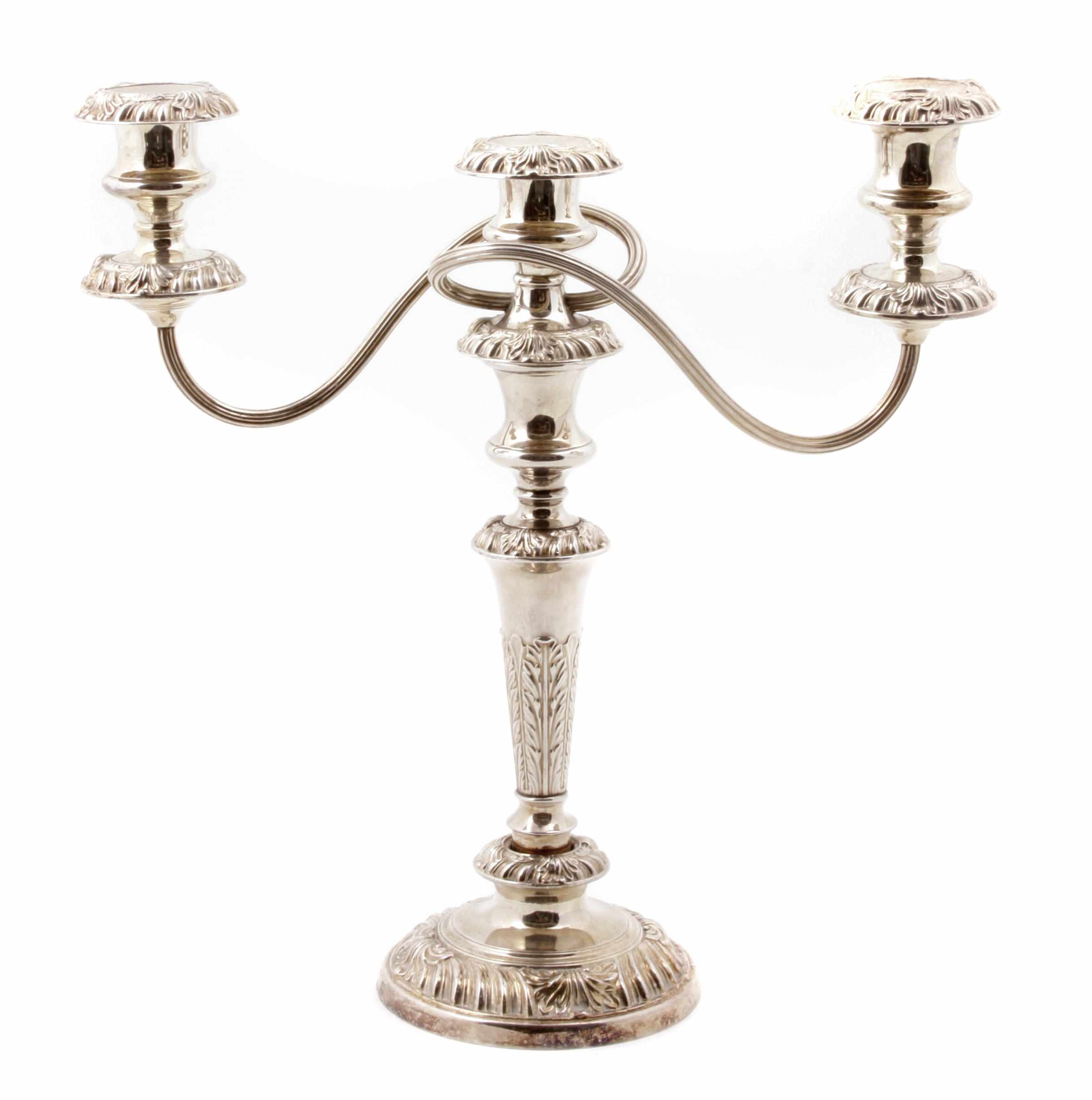 A pair of English silverplate convertible three branch candelabra Barker