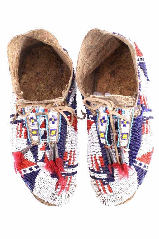 Sioux Flag Beaded Bifurcated Moccasins 19th C This is an