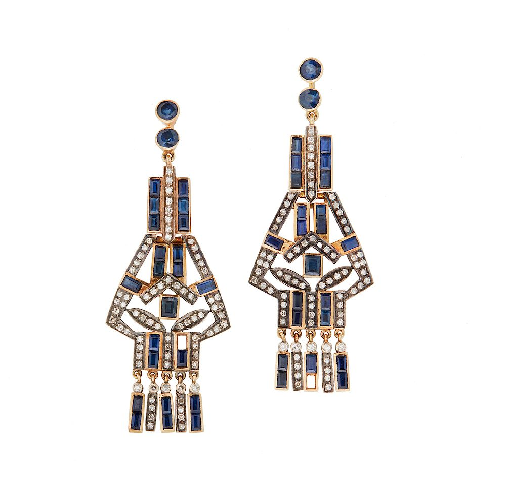 18k Sapphire and Diamond Earrings 18k gold and silver sapphire