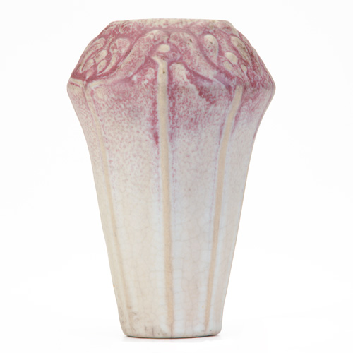 VAN BRIGGLE Bulbous vase embossed with mistletoe under burgundy and