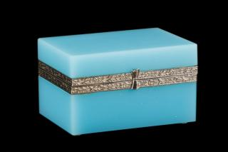 Blue Opaline Glass Silver Metal Dresser Box Continental 20th century
