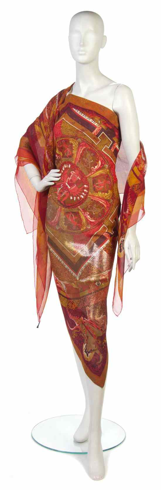 A Gianfranco Ferre Orange Scarf Dress with a matching scarf