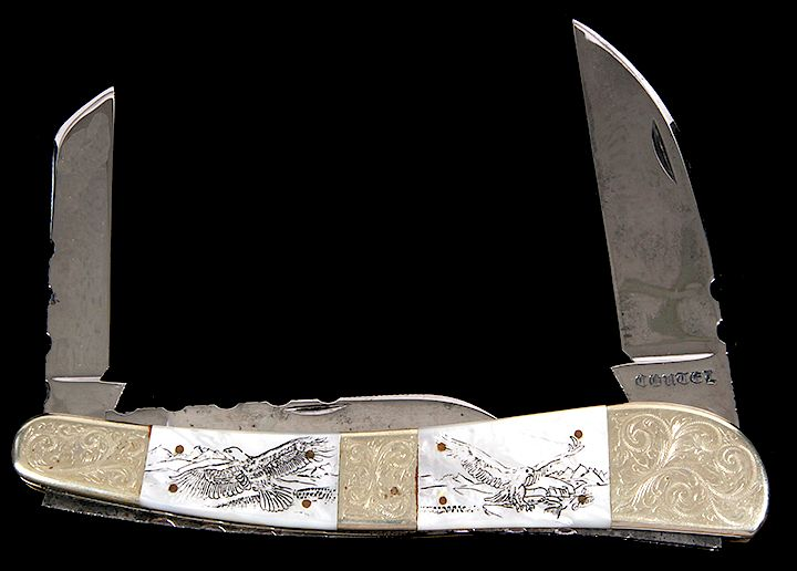 CUSTOM PEARL KNIFE COUTEL A CUSTOM MADE THREE BLADED 8