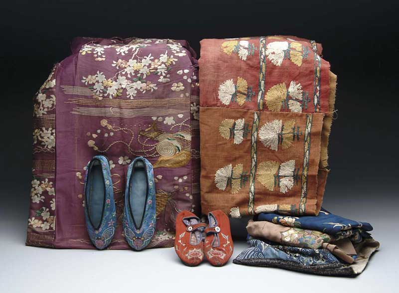 LOT OF ORIENTAL TEXTILES Includes two pair of slippers some