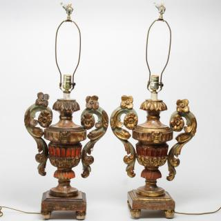 Italianate Painted Carved Wood Table Lamps Pair Italianate Neoclassical manner