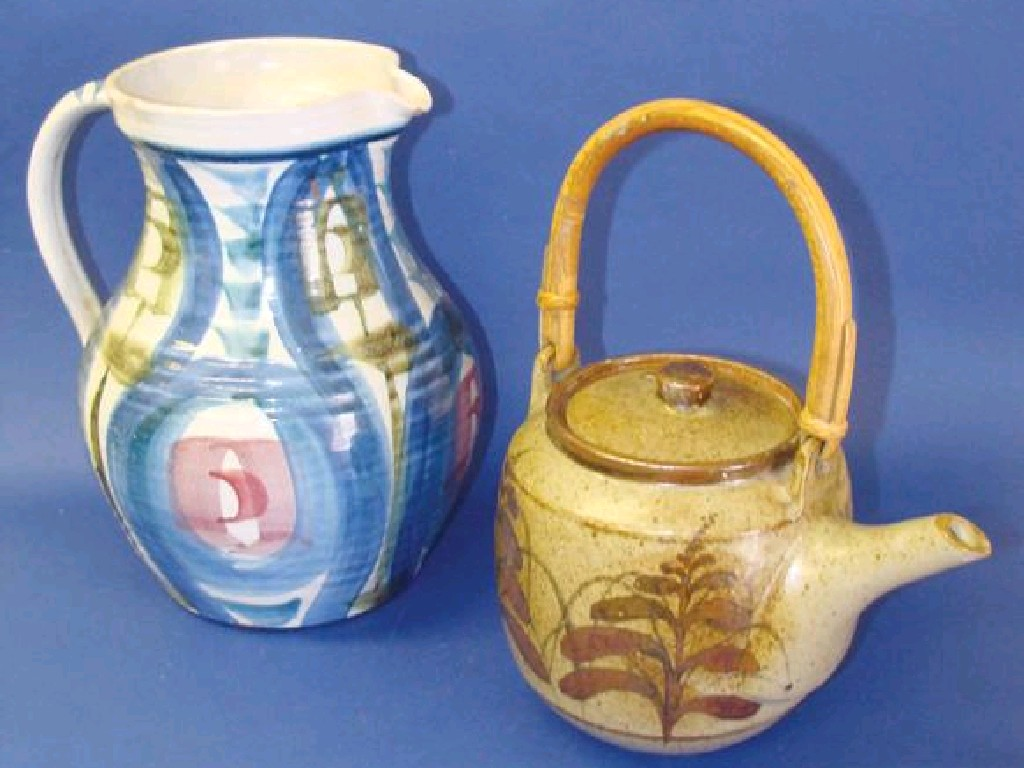 A DAVID LEACH STONEWARE TEAPOT with painted foliate decoration against