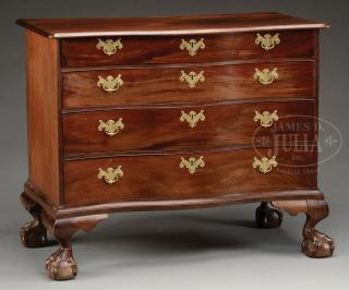 IMPORTANT MASSACHUSETTS CHIPPENDALE SERPENTINE BALL AND CLAW FOOT MAHOGANY CHEST