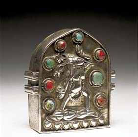 TIBETAN SILVER PRAYER BOX Tibetan silver prayer box with repouss