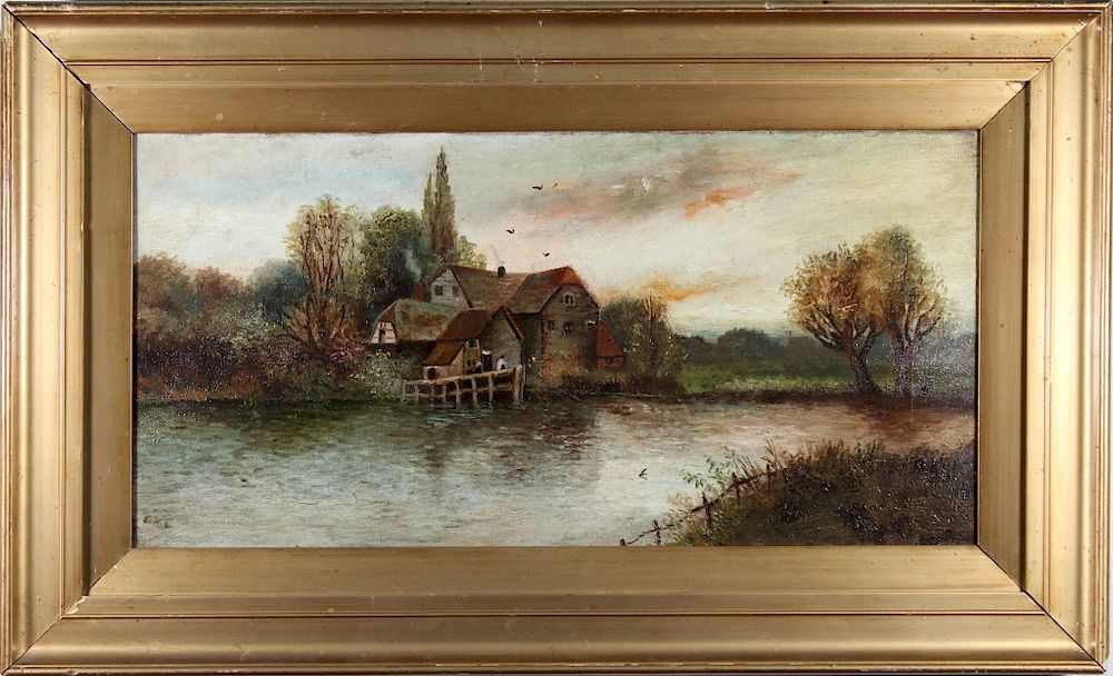 Signed 19th C Painting of a Cottage Near a Lake