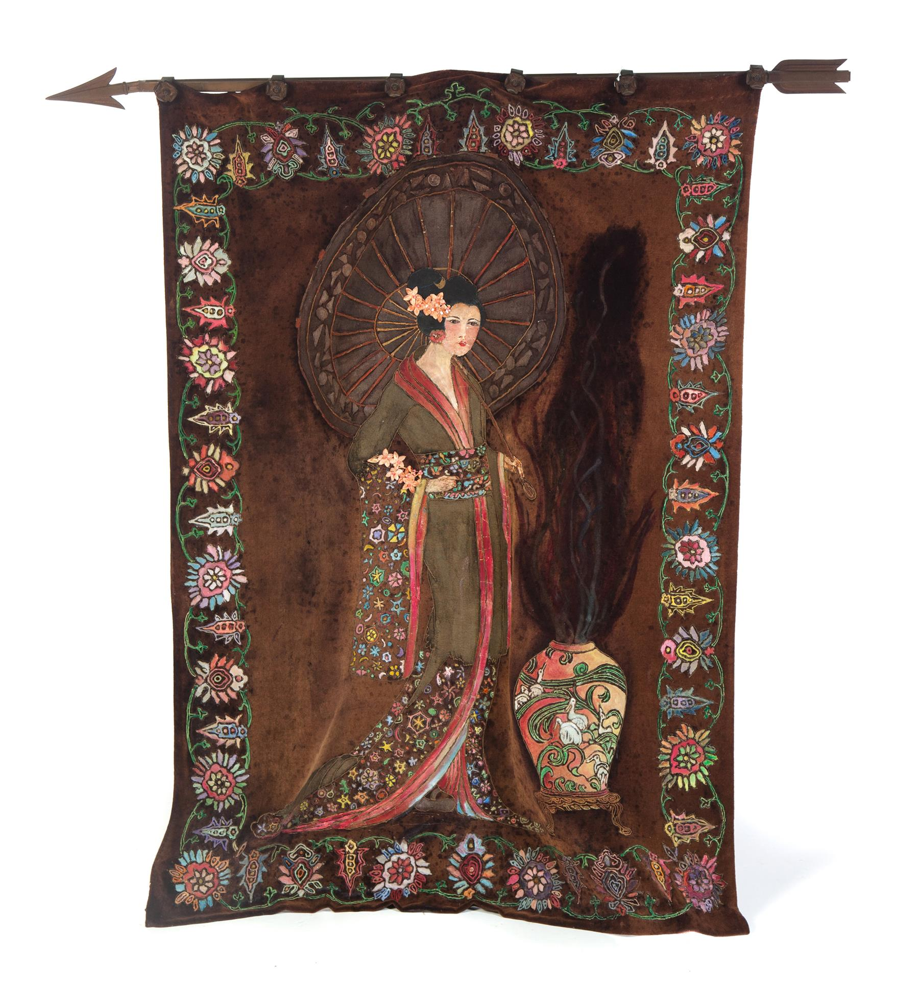 ASIAN SAND TAPESTRY OF WOMAN Twentieth century Hand painted with
