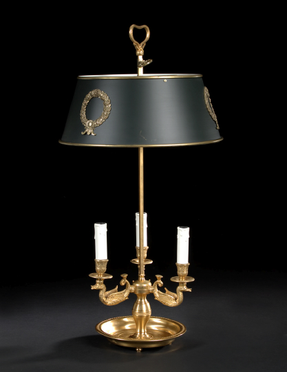 Large French Gilt Brass and Tole Peinte Three Light Bouillotte