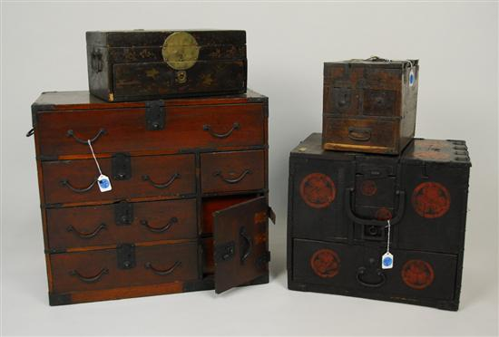 THREE ASIAN WOOD AND METAL MOUNTED STORAGE BOXES and ONE