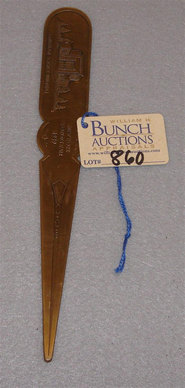 Vintage brass 1939 New York World s Fair letter opener