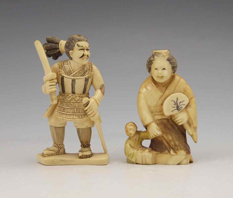 2 PIECE CARVED IVORY WOMAN AND WARRIOR NETSUKE To include