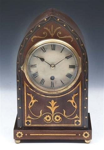 A 19TH CENTURY MAHOGANY AND BRASS INLAID MANTEL TIMEPIECE OF