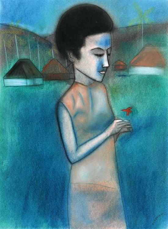 ROBERT DICKERSON BORN 1924 Mela with Red Flower pastel signed