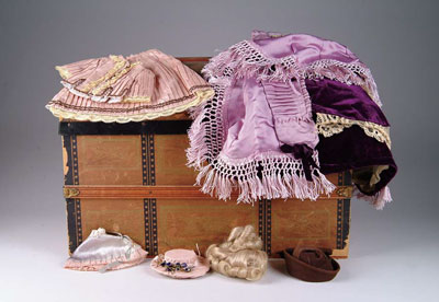 OLD LITHO DOME TOPPED DOLLS TRUNK Filled with a large