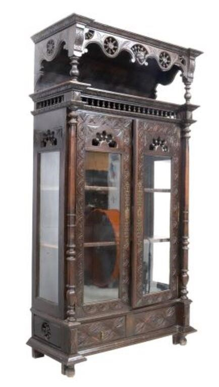 French Provincial carved oak bookcase display case Brittany late 19th