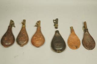 6 Vintage Embossed Leather Powder Flasks Most wi 6 Vintage